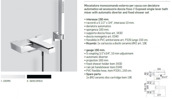 Mamoli Badewannen-Armatur Euclide 1850 Chrom / Schwarz Wasserhahn