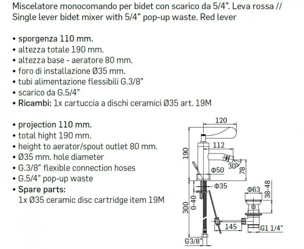 Mamoli Bidet-Armatur Paola&The Bathroom Wasserhahn 5941 Hebel Chrom oder Rot