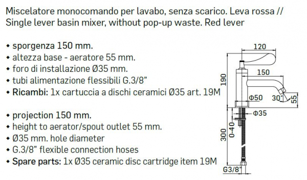 Mamoli Waschbecken-Armatur Paola&The Bathroom Wasserhahn 4943S15 Hebel Chrom oder Rot