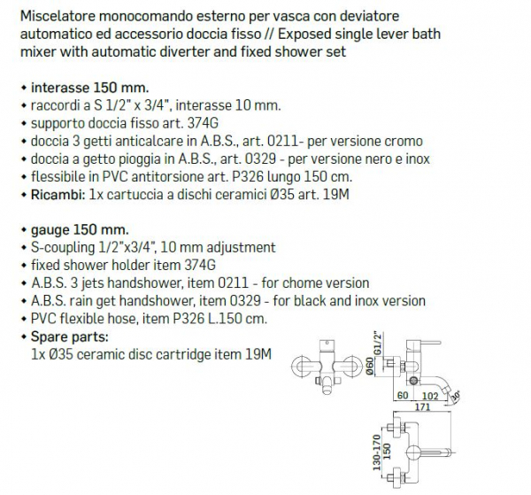 Mamoli Badewannen-Armatur Pico 1380PG Wasserhahn mit Handbrause Chrom / Schwarz / Gebürstet