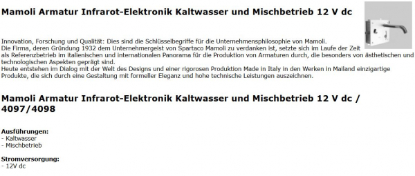 Elektrischer Wasserhahn, Armatur Unterputz mit Infrarot-Elektronik kalt und warm von Mamoli