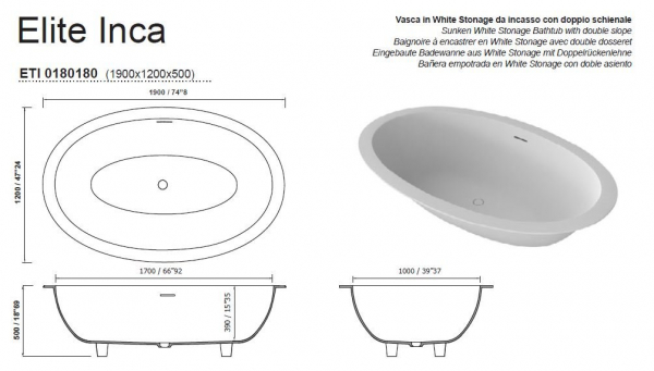 Moma Design Elite Inca Einbau-Badewanne 1900 x 1200 x 500 mm White Stonage Weiß matt