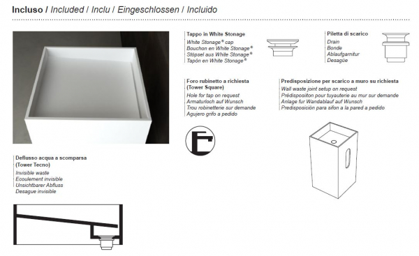 Moma Design Standwaschbecken Tower Tecno freistehende Waschsäule Weiß matt White Stonage