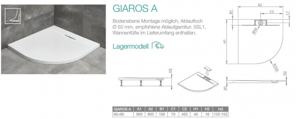 PUK Mineralgusswanne Duschwanne Giaros A Viertelkreis-Duschtasse Runddusche