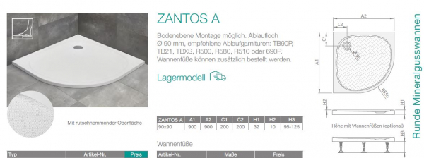 PUK Mineralgusswanne Duschwanne Zantos A Viertelkreis-Duschtasse Runddusche