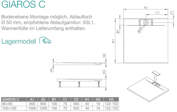 PUK Mineralgusswanne Duschwanne Giaros C Duschtasse quadratisch