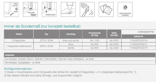 PUK Naab U-Duschkabine 2 Dusche faltbar an Wand Klapptüren mit klappbaren Seitenwänden