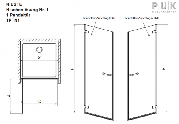 PUK Nieste Duschtür für Nische 1 Drehtür Schwenktür Pendeltür
