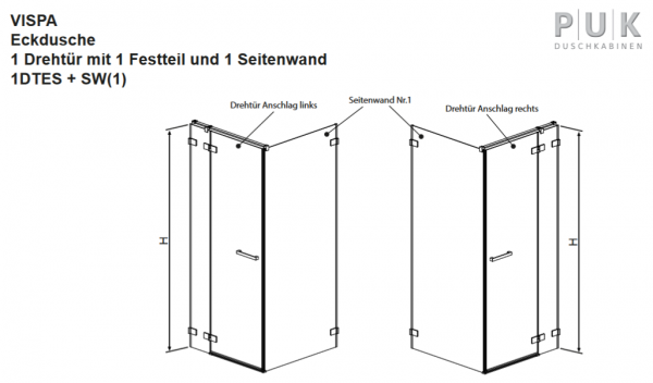 PUK Vispa Eck-Duschabtrennung Eckkabine Eckdusche Schwenktür an Fixteil mit Seitenwand