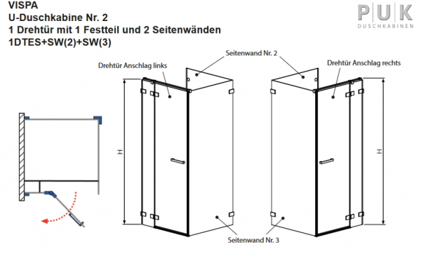 PUK Vispa Duschabtrennung an Wand U-Kabine Schwenktür an Fixteil mit 2 Seitenwänden