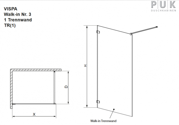 PUK Vispa Duschabtrennung Walk In Nr. 3 Spritzschutz für Ecke