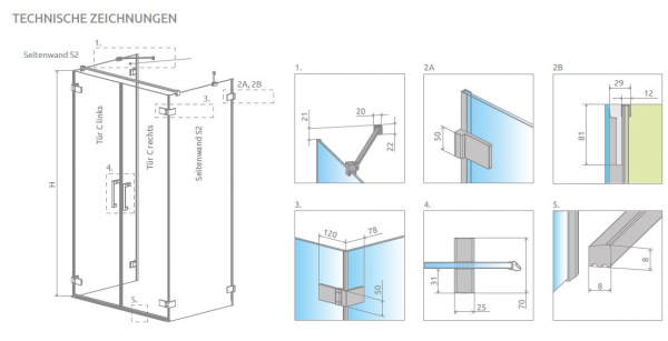 Radaway Arta 8 DWD+25 U-Duschkabine mit 2 Pendeltüren und 2 Seitenwänden PUK Nieste