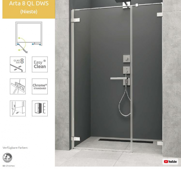 Radaway Arta 8 DWS QL Pendeltür an Fixteil PUK Nieste