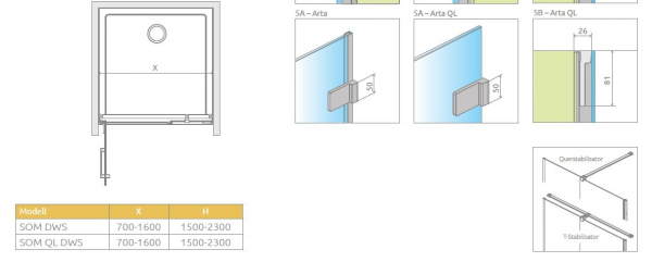 Radaway Arta 8 DWS QL Pendeltür an Fixteil PUK Nieste