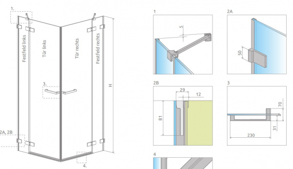 Radaway Arta 8 Eck-Duschkabine mit 2 Drehtüren an Fixteil PUK Nieste