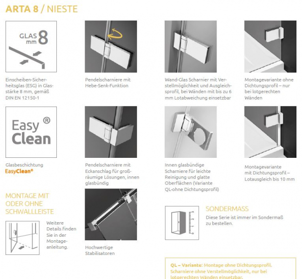 Radaway Arta 8 KDJI/QL KGJI PUK Nieste Eckdusche Schwenktür mit Seitenwand