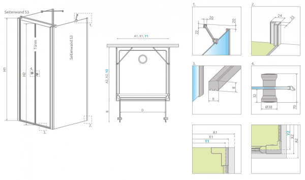 Radaway Eos DWD+2S U-Duschkabine Dusche vor Wand Pendeltüren an 2 Seitenwänden PUK Naab