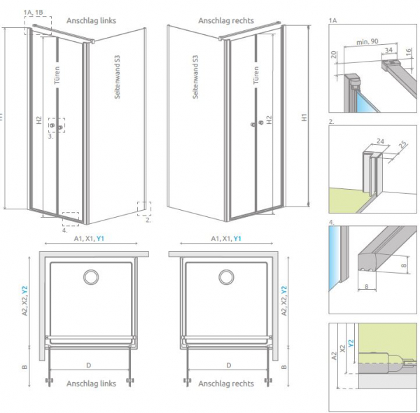 Radaway Eos DWD+S Eckdusche Pendeltüren mit Seitenwand PUK Naab
