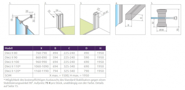 Radaway Eos DWJ II Nischentür Pendeltür Duschtür schwenkbar nach innen und außen an Fixteil PUK Naab