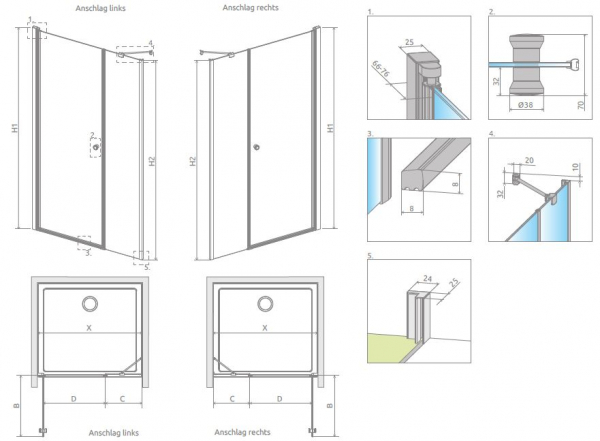Radaway Eos DWS Nischentür Pendeltür Duschtür schwenkbar nach innen und außen an Fixteil PUK Naab