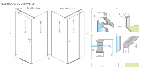 Radaway Eos Eckdusche Pendeltür an Festteil und Seitenwand PUK Naab