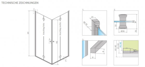 Radaway Eos KDD B Eck-Duschkabine Eckdusche Eckeinstieg 2 Drehfalttüren PUK Naab