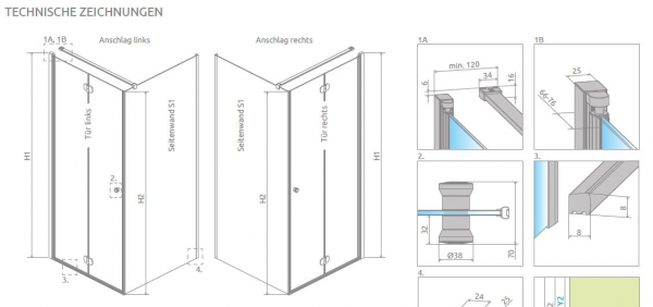 Radaway Eos KDJB Eckdusche Drehfalttür und Seitenwand PUK Naab