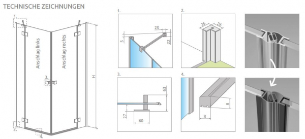 Radaway Essenza 6 KDD Eckdusche 2 Schwenktüren an 2 Fixteilen PUK Trave
