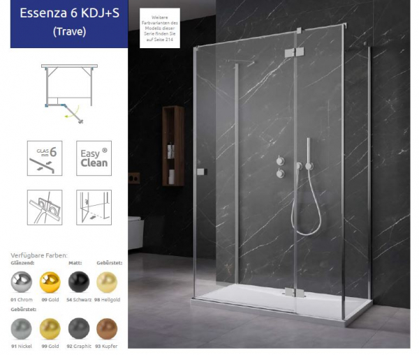 Radaway Essenza 6 KDJ+S U-Duschkabine Schwenktür an Fixteil mit 2 Seitenwänden PUK Trave