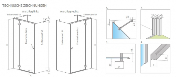 Radaway Essenza 6 KDJ+S U-Duschkabine Schwenktür an Fixteil mit 2 Seitenwänden PUK Trave