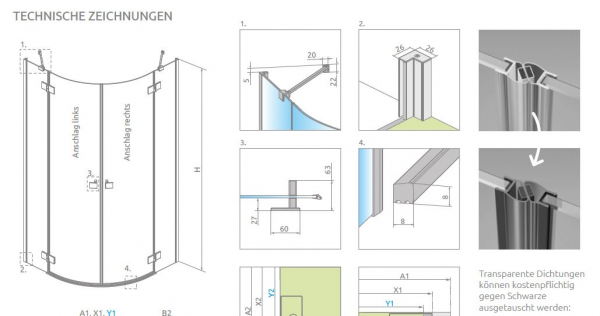 Radaway Essenza 6 PDD Viertelkreis-Runddusche 2 Schwenktüren an Fixteilen PUK Trave