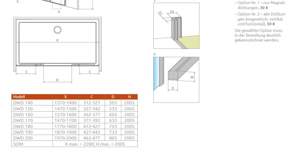 Radaway Idea 6 DWD Duschtür für Nische 2 Gleittüren/Schiebetüren mit Festteilen PUK Isar