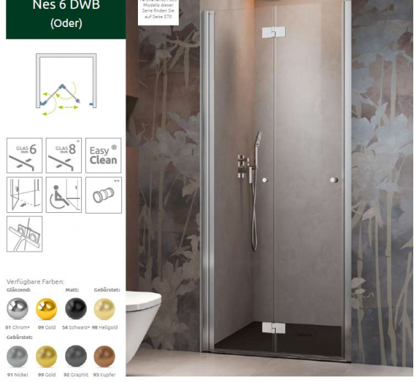 Radaway Nes DWB Duschtür für Nische Duschabtrennung Drehfalttür Falttür PUK Oder