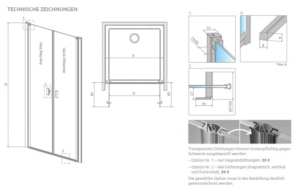 Radaway Nes DWD I Duschtür für Nische Duschabtrennung 2 Pendeltüren PUK Oder