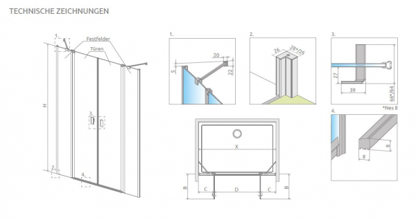 Radaway Nes DWD II Duschtür für Nische Duschabtrennung 2 Pendeltüren mit 2 Festteilen PUK Oder