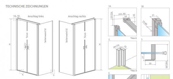 Radaway Nes DWD+S Eck-Duschkabine 2 Pendeltüren und Seitenwand PUK Oder