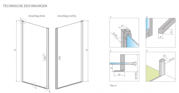 Radaway Nes DWJ I Duschtür für Nische Duschabtrennung Pendeltür PUK Oder