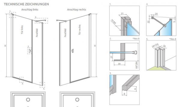 Radaway Nes DWS Duschtür für Nische Duschabtrennung Pendeltür mit Seitenteil PUK Oder