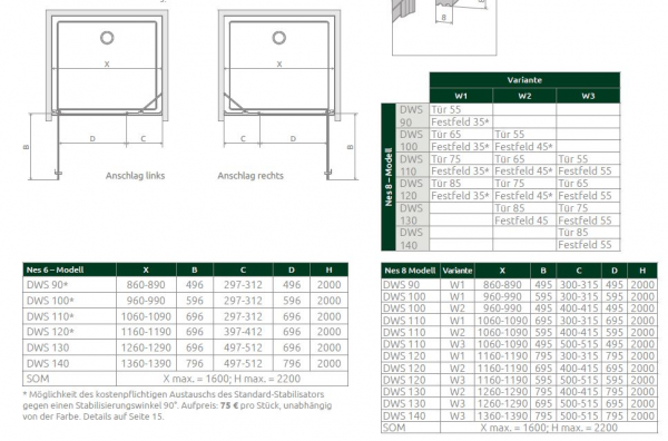 Radaway Nes DWS Duschtür für Nische Duschabtrennung Pendeltür mit Seitenteil PUK Oder
