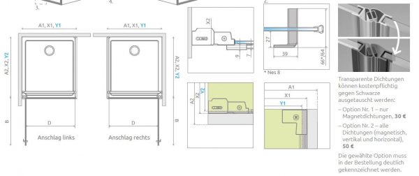 Radaway Nes KDJ I Eck-Duschkabine Pendeltür mit Seitenwand PUK Oder 6mm und 8 mm