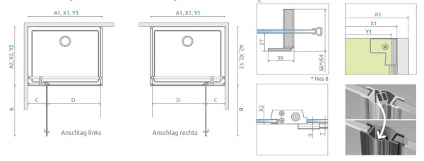 Radaway Nes KDJ II Eck-Duschkabine Pendeltür mit Festteil und Seitenwand PUK Oder 6 und 8 mm