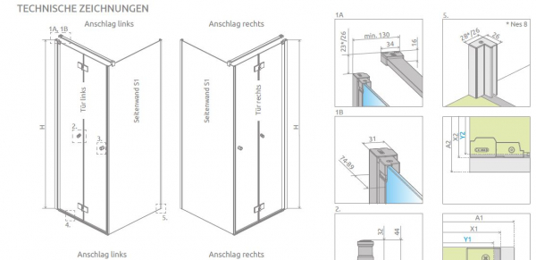 Radaway Nes KDJB Eck-Duschkabine Falttür und Seitenwand 6 und 8 mm PUK Oder