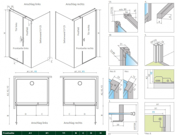 Radaway Nes KDS I Eck-Duschkabine Pendeltür an Festteil und Seitenwand PUK Oder