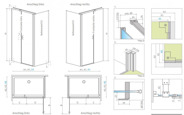 Radaway Nes KDS I Eck-Duschkabine Pendeltür an Festteil und Seitenwand PUK Oder