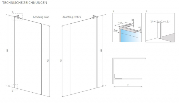Radaway Walk In Modo SL II 8 mm mit Wandwinkel