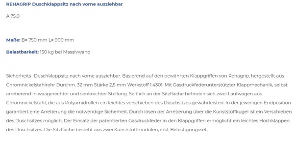 Rehagrip Duschklappsitz nach vorne ausziehbar A 75.0