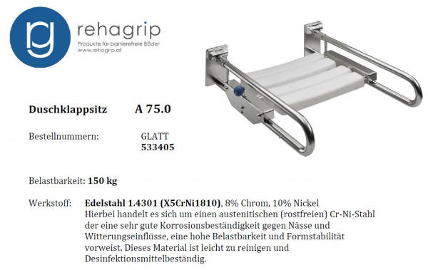 Rehagrip Duschklappsitz nach vorne ausziehbar A 75.0