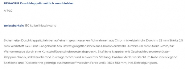Rehagrip Duschklappsitz seitlich verschiebbar mit Rahmen 1500 mm