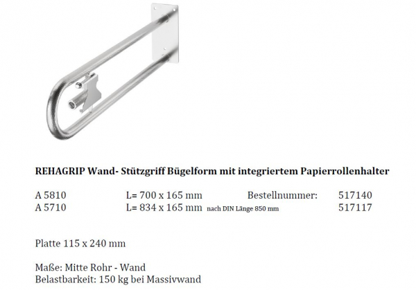 Rehagrip Wandstützgriff Haltegriff Bügelform mit Rollenhalter CNS Serie A 58-57