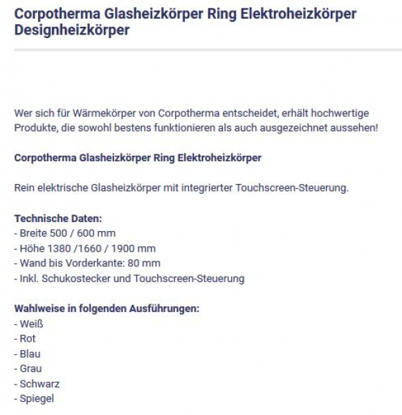Ring Glasheizkörper Elektroheizkörper Designheizkörper von Corpotherma